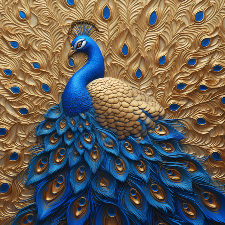 Peacock with blue feathers on gold background. 3d renderingの素材