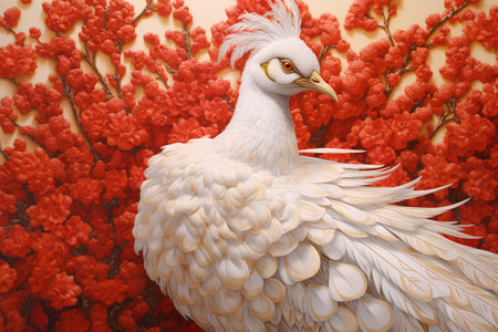 White peacock on a background of red flowers. 3d renderingの素材