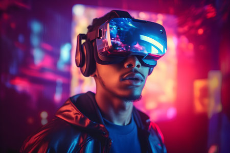 Young african american man in virtual reality headset playing games on dark backgroundの素材