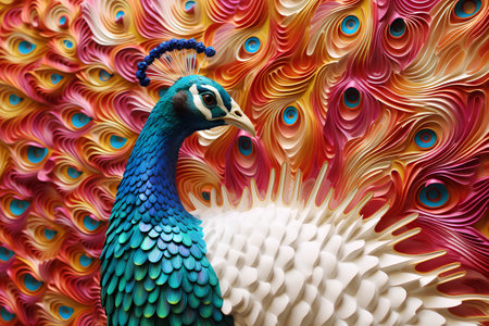 Peacock in the form of a multicolored feather on a colorful backgroundの素材