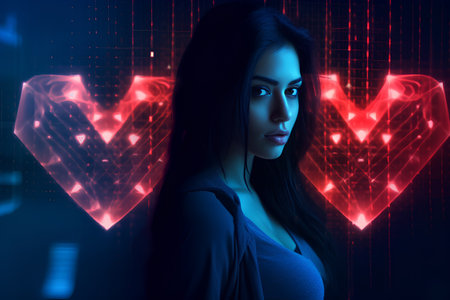 Beautiful asian woman with red heart shape on dark background.の素材