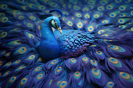 Beautiful peacock on a blue background. 3D illustration.の素材
