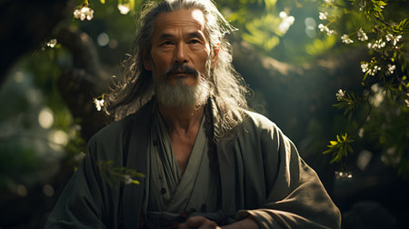 Handsome man with long hair and beard in a kimono in the gardenの素材
