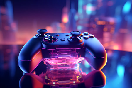 Gamepad in neon light. 3d rendering, 3d illustration.の素材