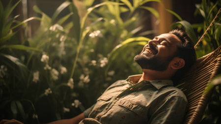 Young man relaxing in a hammock in a tropical garden. Relaxation concept.の素材
