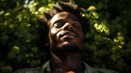 Portrait of young african american man in green grass.の素材