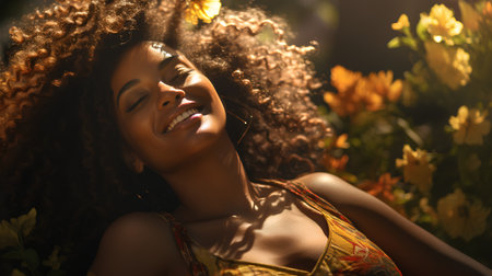 Beautiful young african american woman with afro hairstyle posing in the garden.の素材