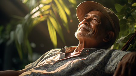 Elderly man relaxing in a hammock in the garden.の素材