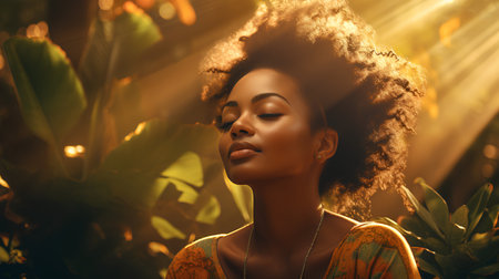 Portrait of a beautiful African American woman with afro hairstyle and bright makeup.の素材