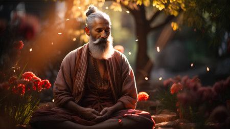 Portrait of an old man meditating in the garden at sunset.の素材