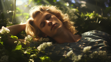 Young woman lying in the grass with flowers in the background. Beauty, fashion.の素材