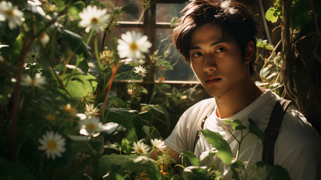 Portrait of young handsome asian man in the garden with flower.の素材