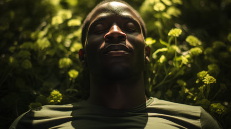 Portrait of an african american man in a green shirt on a background of green grassの素材