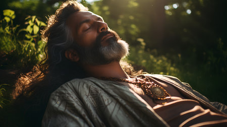 Handsome bearded man with long hair and beard in traditional costume sitting on the grass in the forest.の素材