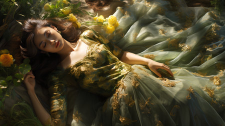 Beautiful young woman in green dress lying on grass with yellow flowersの素材