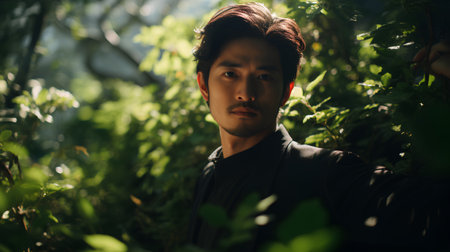 Handsome young asian man in black kimono looking at camera while standing in the forestの素材