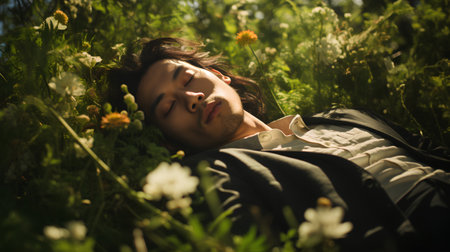 Young man lying on the grass in the summer. Beauty, fashion.の素材
