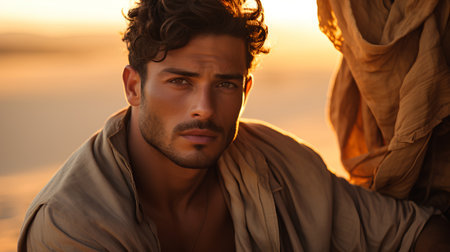 Portrait of a handsome young man on the beach at sunset.の素材