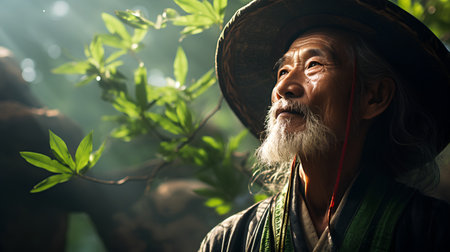 Old asian man with long white beard and hat in nature.の素材
