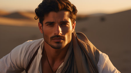 Portrait of a handsome young man in the desert. Men's beauty, fashion.の素材