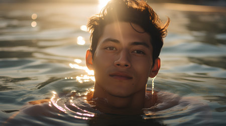 Portrait of a young asian man in swimming pool at sunsetの素材