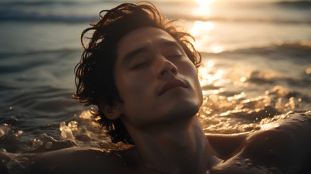 Portrait of a young man relaxing in the sea at sunset.の素材