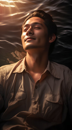 Portrait of a young asian man relaxing in the sea.の素材