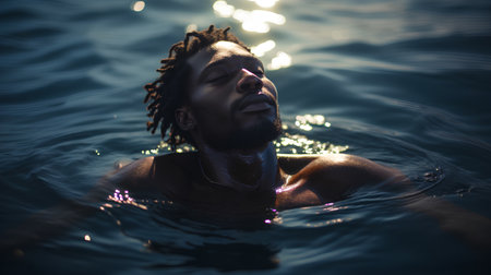 Portrait of a young man with dreadlocks in a swimming poolの素材