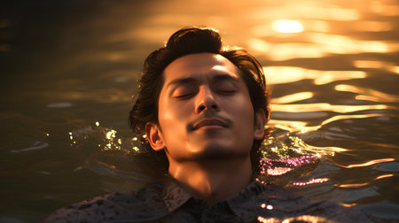Young man relaxing in swimming pool at sunset. Concept of relaxation.の素材