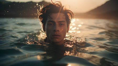 Portrait of a handsome young man in the water at sunset.の素材