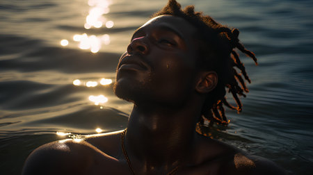 Portrait of a young african american man in the water.の素材