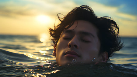 Beautiful young asian woman relaxing in the sea at sunset.の素材