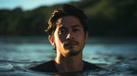 Portrait of a handsome young man swimming in the water at sunsetの素材