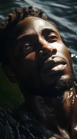 Close-up portrait of young african american man in water.の素材