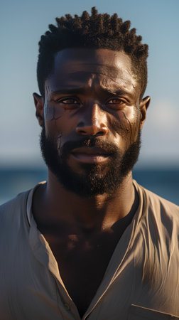 Portrait of handsome african american man on the beach.の素材