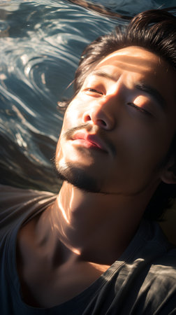 Portrait of a young asian man with a beard in the waterの素材