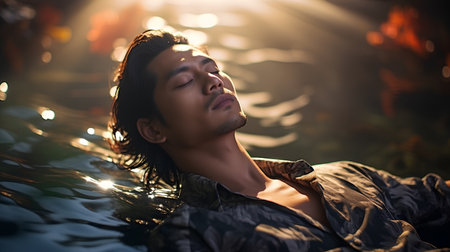 Portrait of a handsome young man relaxing in a swimming pool.の素材