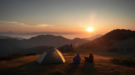 Couple camping in the mountains at sunset with a tent on top.の素材