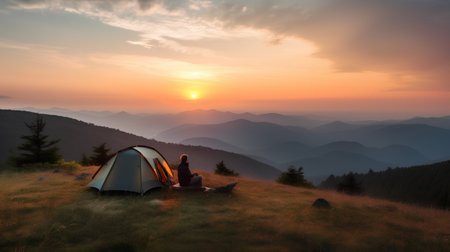 Tourist camping on the top of a mountain at sunset or sunrise.の素材