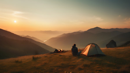 Camping in the mountains at sunset. Concept of travel and adventure.の素材