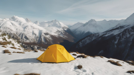 Tent in the mountains. 3d rendering. Computer digital drawing.の素材