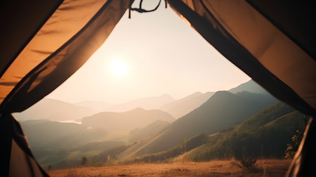 Camping tent in the mountains at sunset. Beautiful summer landscape.の素材