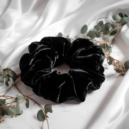 Black velvet napkin with eucalyptus branches on white silk backgroundの素材