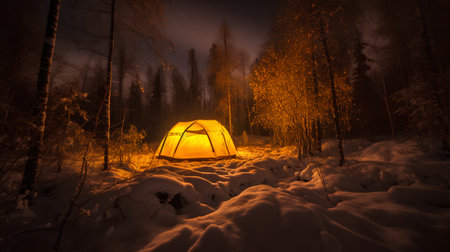 Tent in the winter forest at night. 3d illustration.の素材