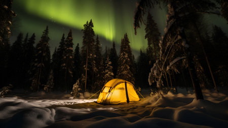 Tourist tent in winter forest with aurora borealis, northern lights.の素材