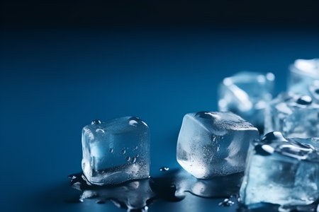 Ice cubes on dark blue background. Shallow depth of field.の素材