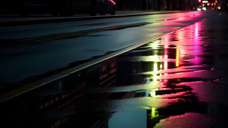 Raindrops on the tram tracks at night. Shallow depth of field.の素材
