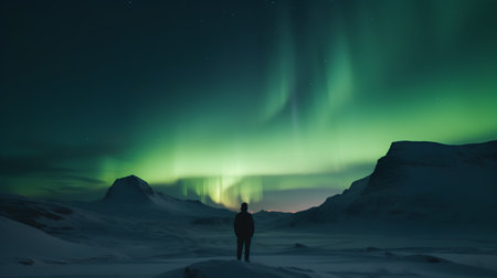 Man watching aurora borealis over snowy mountains. 3D renderingの素材