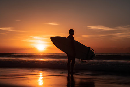 Silhouette of surfer with surfboard on the beach at sunsetの素材