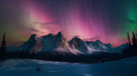 Aurora borealis in the night sky over snowy mountain rangeの素材